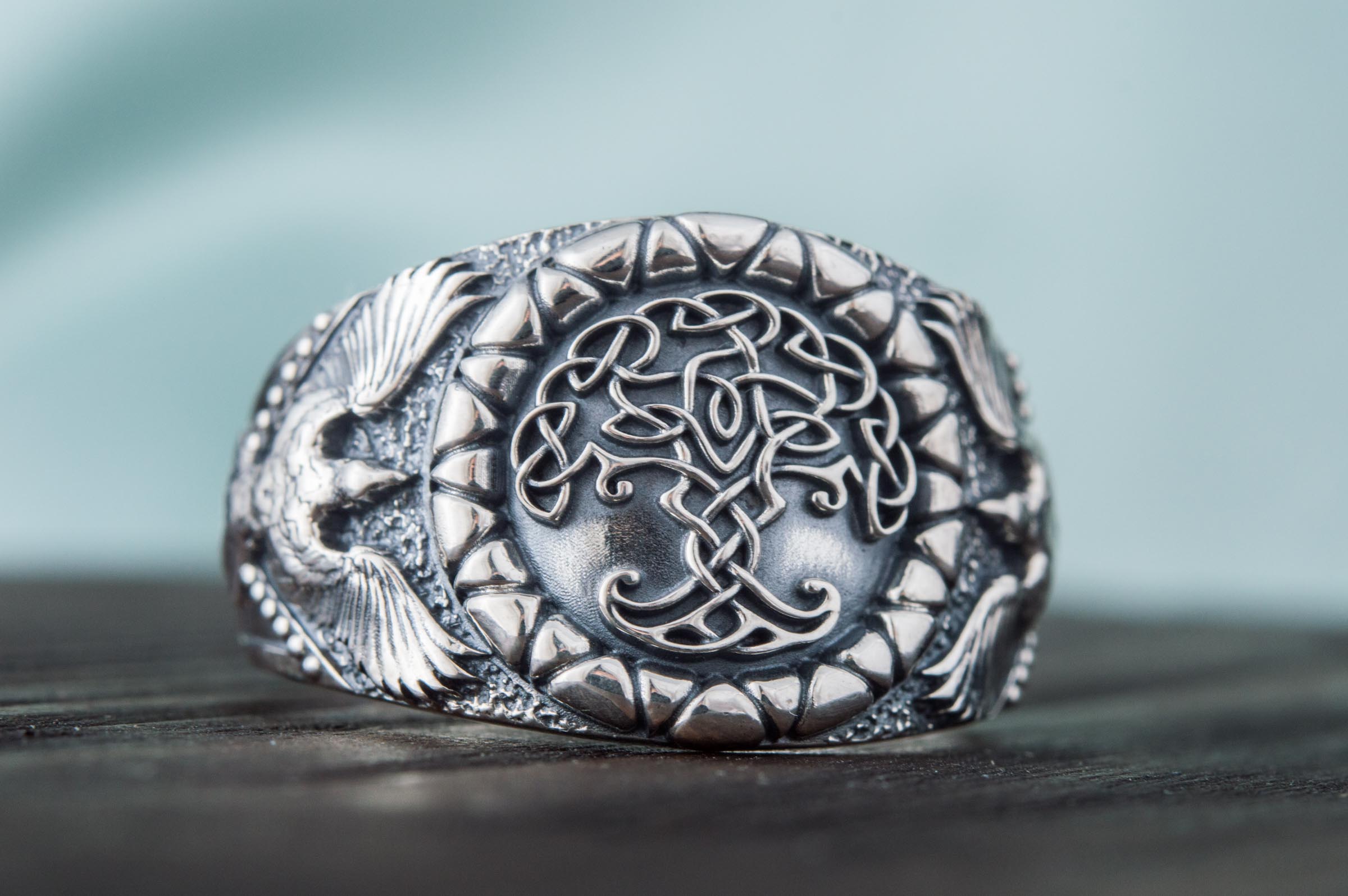 Yggdrasil Symbol with Raven Style Sterling Silver Norse Ring - vikingworkshop