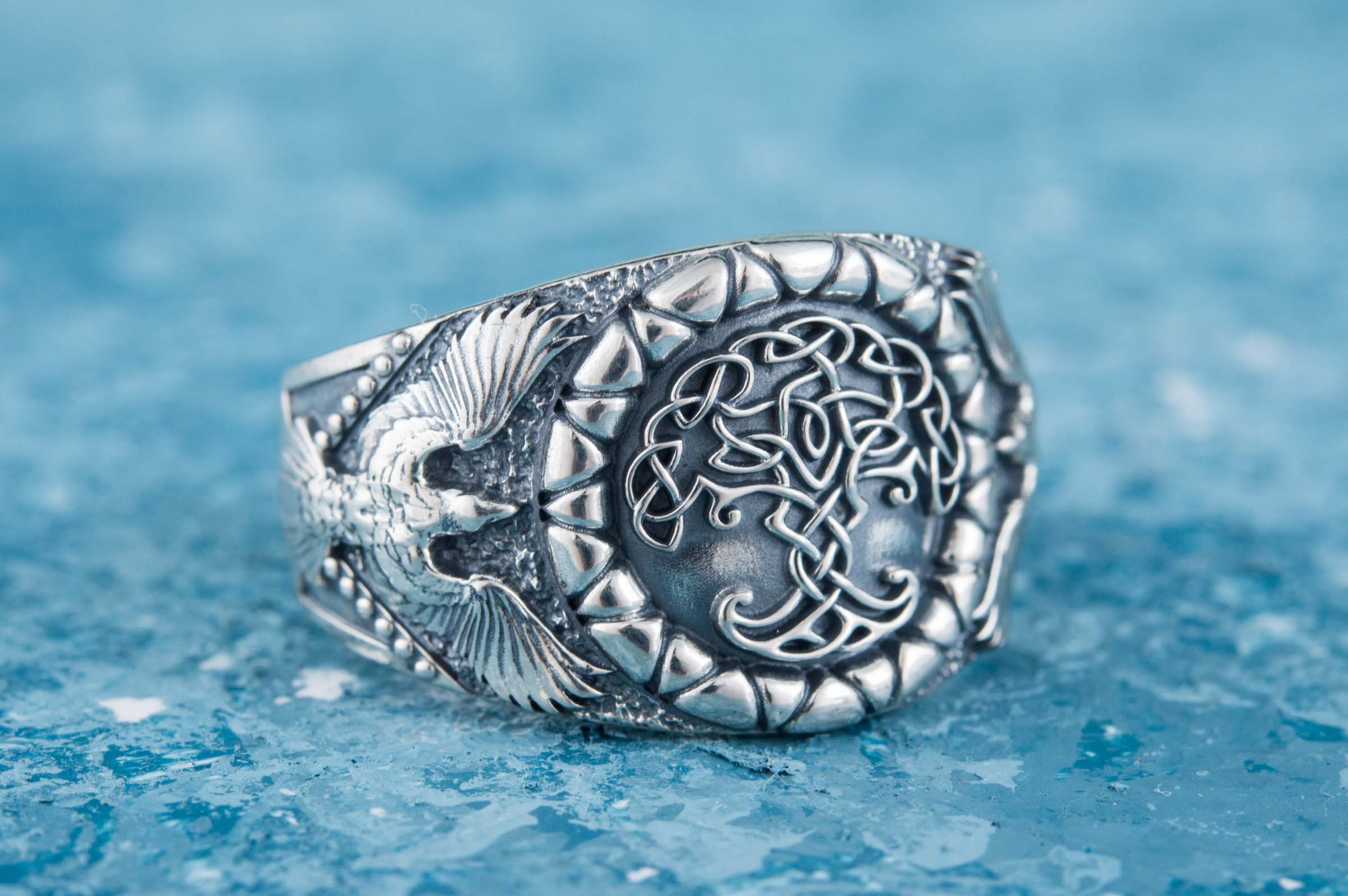 Yggdrasil Symbol with Raven Style Sterling Silver Norse Ring - vikingworkshop