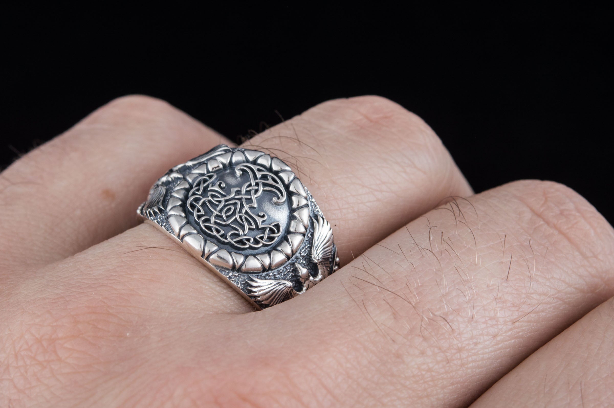 Yggdrasil Symbol with Raven Style Sterling Silver Norse Ring - vikingworkshop