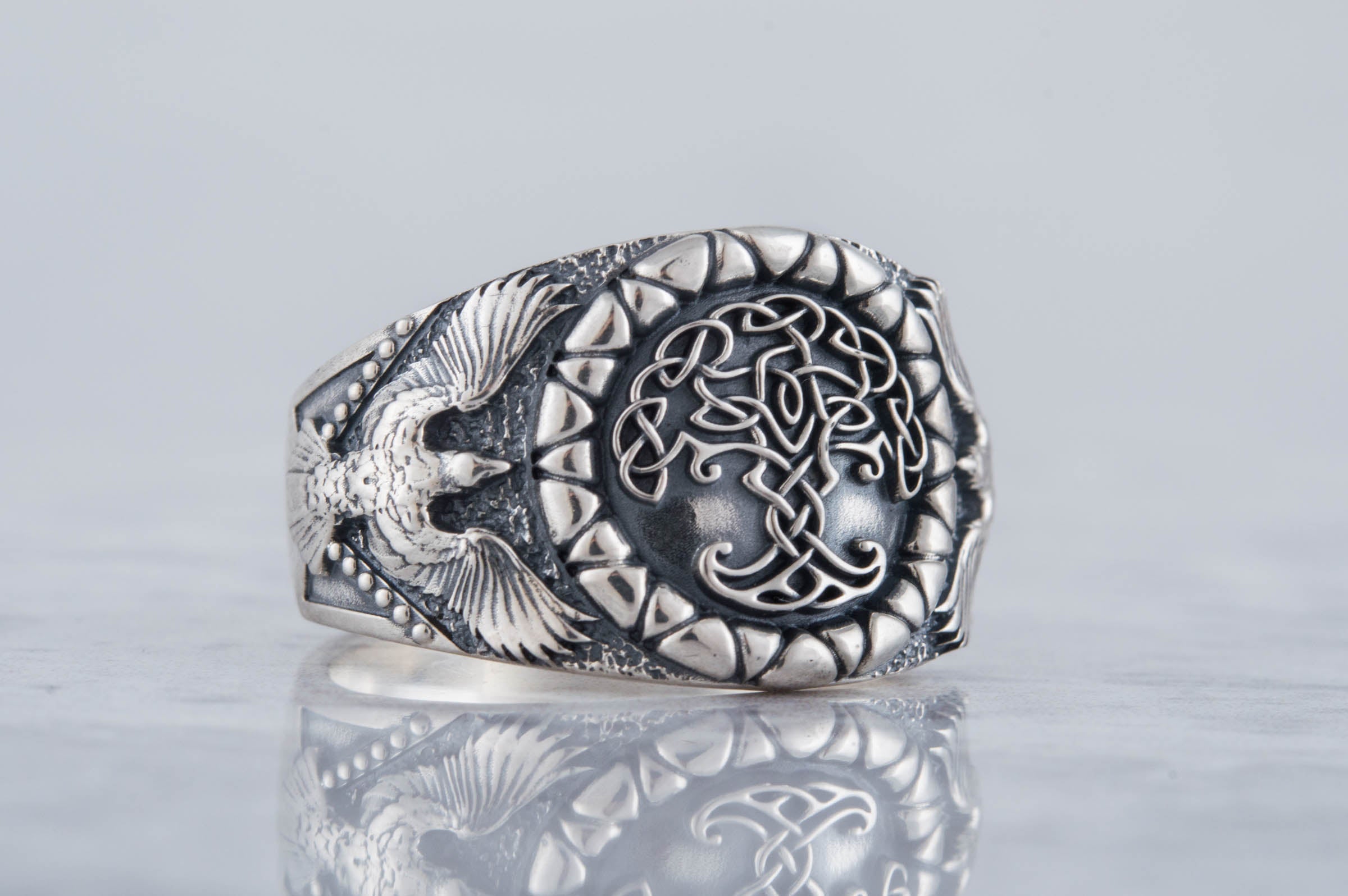 Yggdrasil Symbol with Raven Style Sterling Silver Norse Ring - vikingworkshop