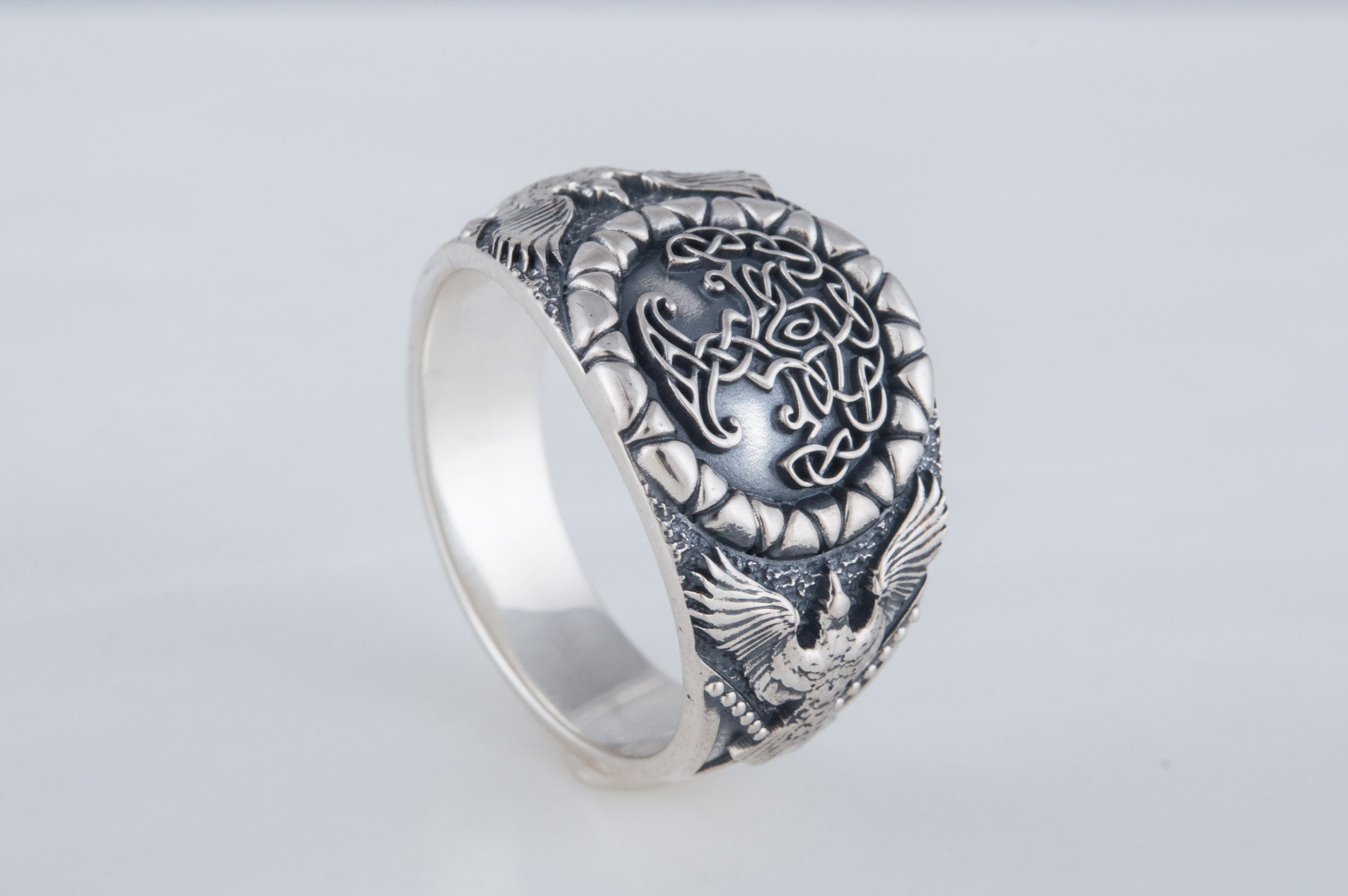 Yggdrasil Symbol with Raven Style Sterling Silver Norse Ring - vikingworkshop