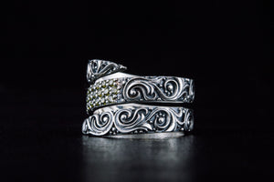 Snake Style Ring with Ornament and Gems Sterling Silver Handmade Jewelry - vikingworkshop