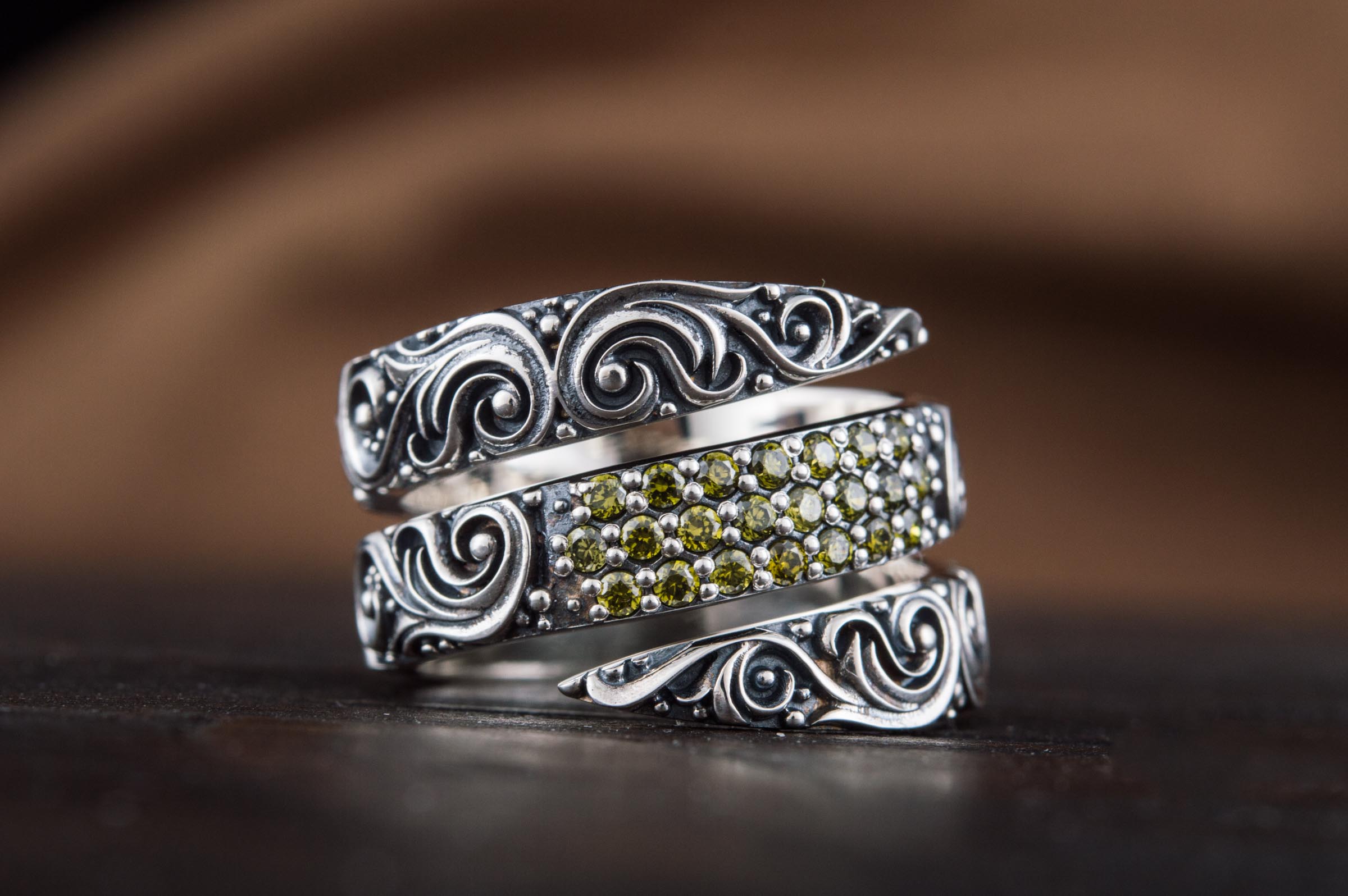 Snake Style Ring with Ornament and Gems Sterling Silver Handmade Jewelry - vikingworkshop