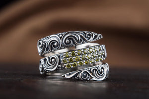 Snake Style Ring with Ornament and Gems Sterling Silver Handmade Jewelry - vikingworkshop