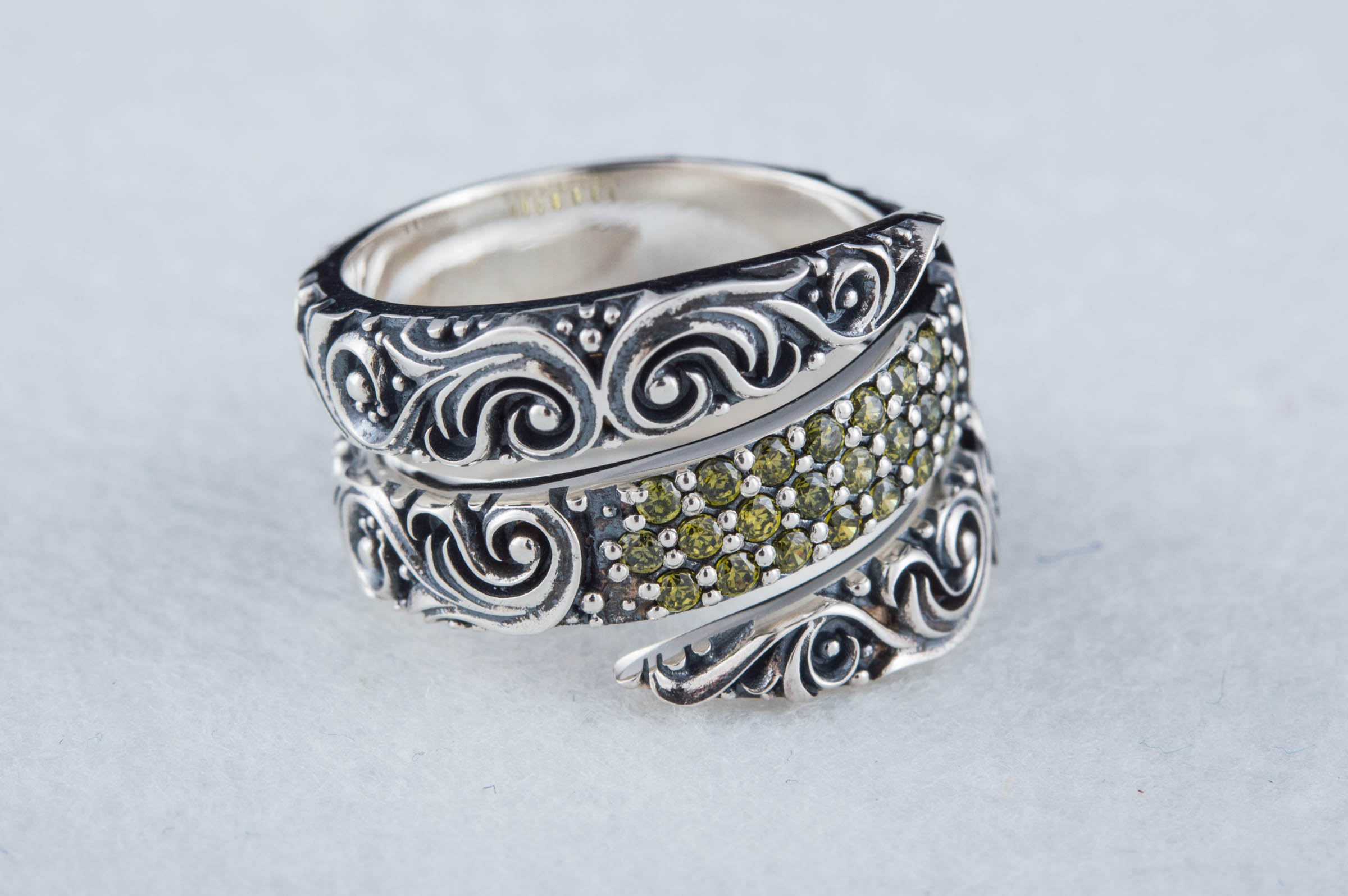 Snake Style Ring with Ornament and Gems Sterling Silver Handmade Jewelry - vikingworkshop