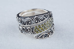 Snake Style Ring with Ornament and Gems Sterling Silver Handmade Jewelry - vikingworkshop