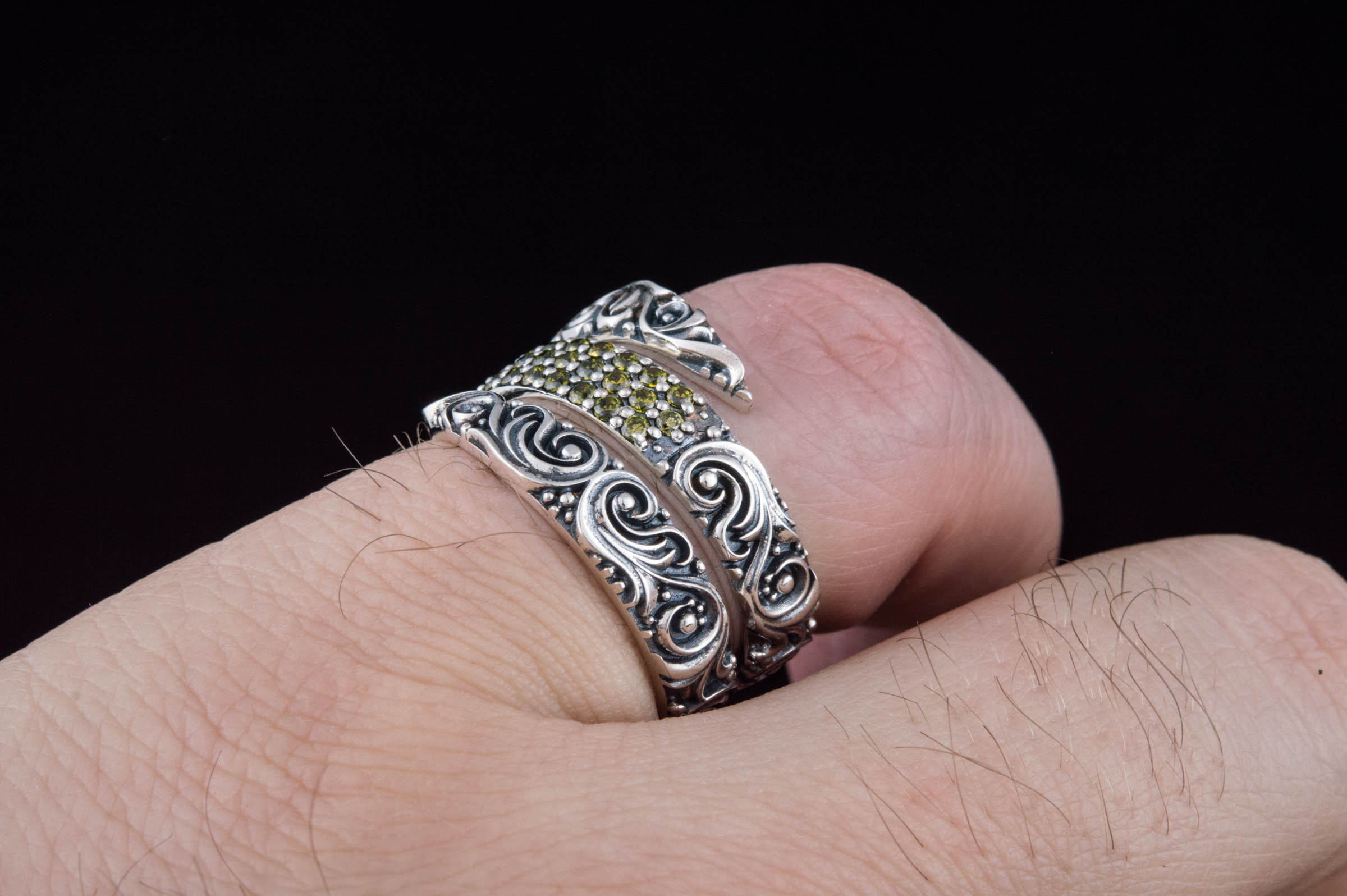 Snake Style Ring with Ornament and Gems Sterling Silver Handmade Jewelry - vikingworkshop