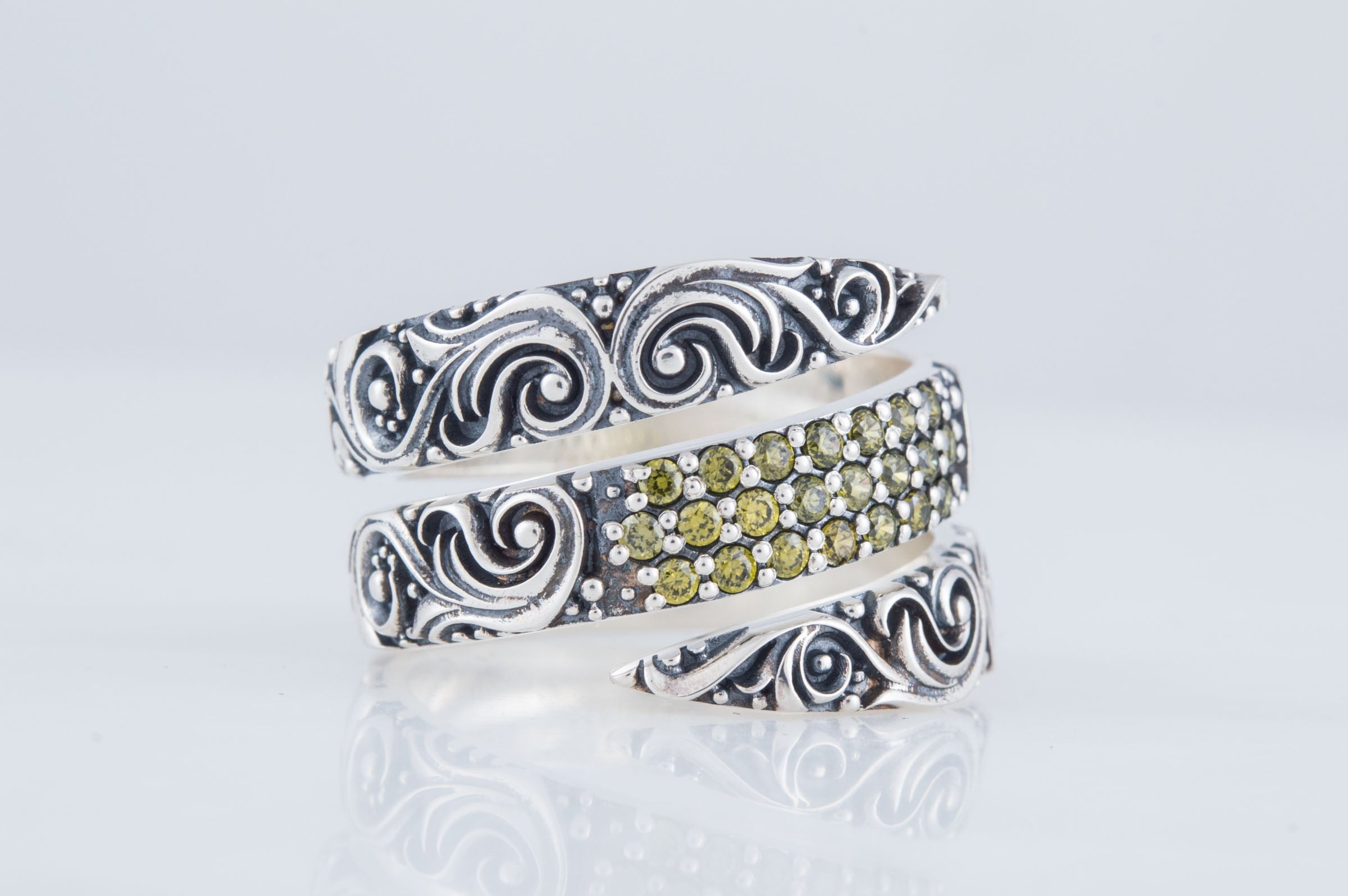 Snake Style Ring with Ornament and Gems Sterling Silver Handmade Jewelry - vikingworkshop