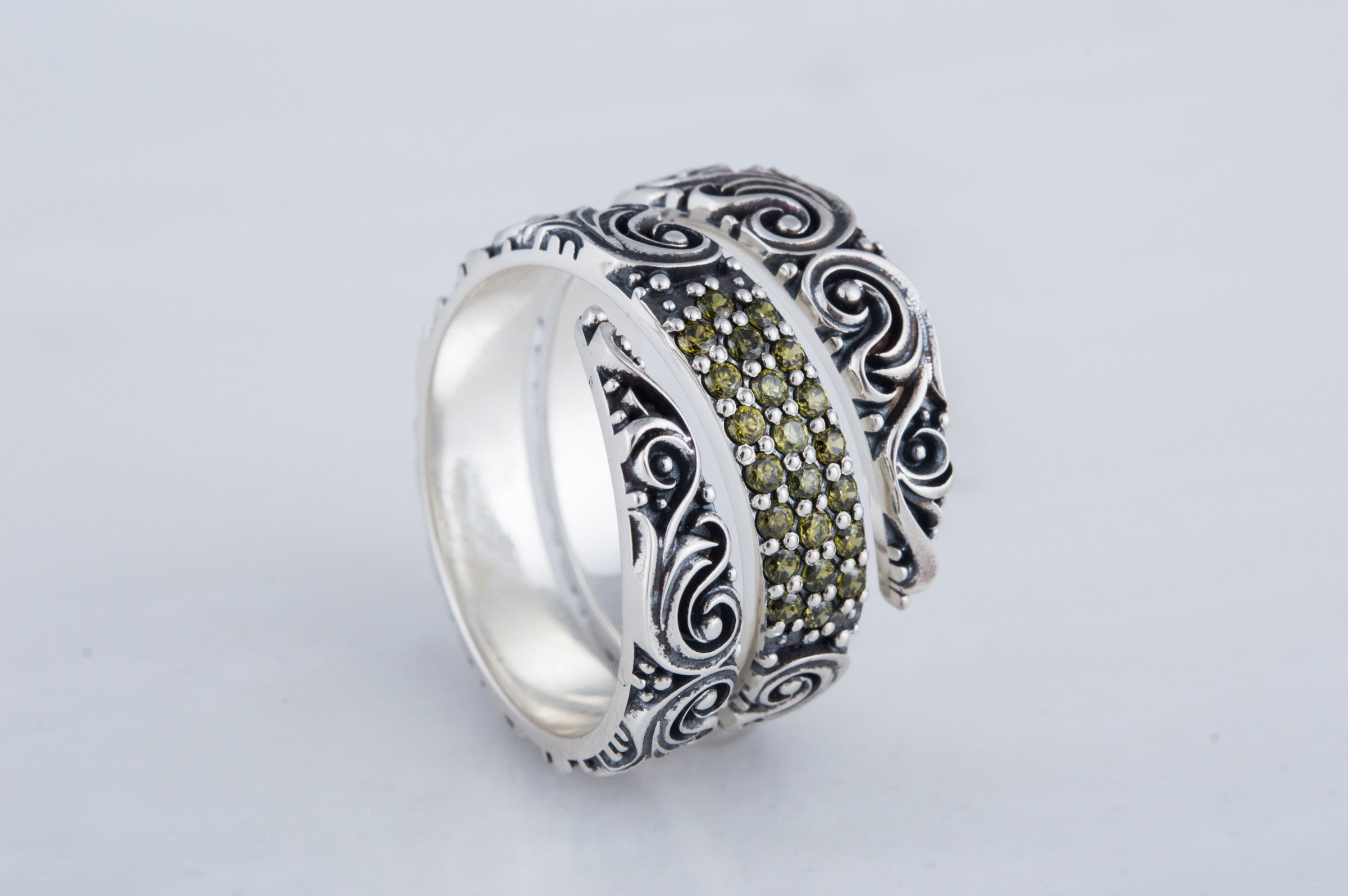 Snake Style Ring with Ornament and Gems Sterling Silver Handmade Jewelry - vikingworkshop