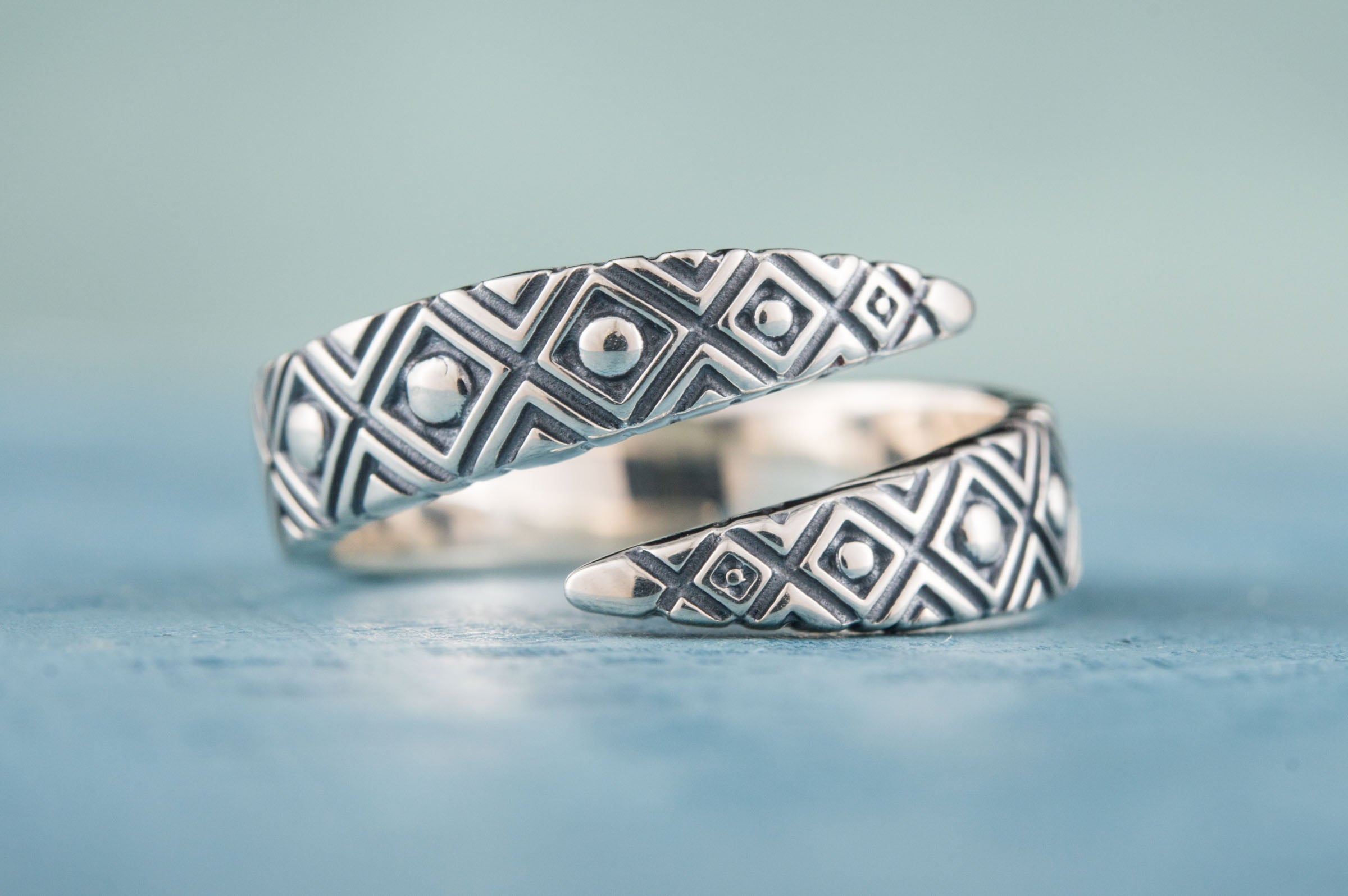 Snake Style Ring with Geometry Ornament Sterling Silver Jewelry - vikingworkshop