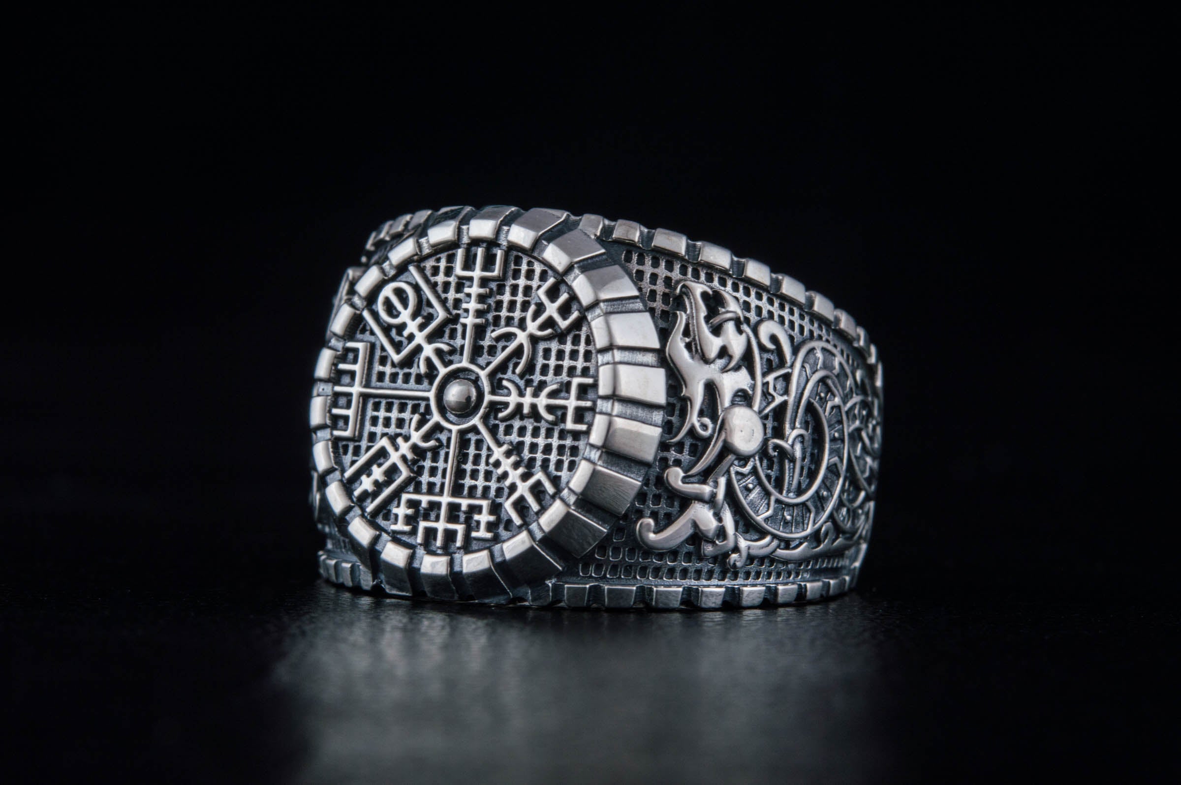 Vegvisir Symbol Ring with Viking Style Ornament Sterling Silver Jewelry - vikingworkshop