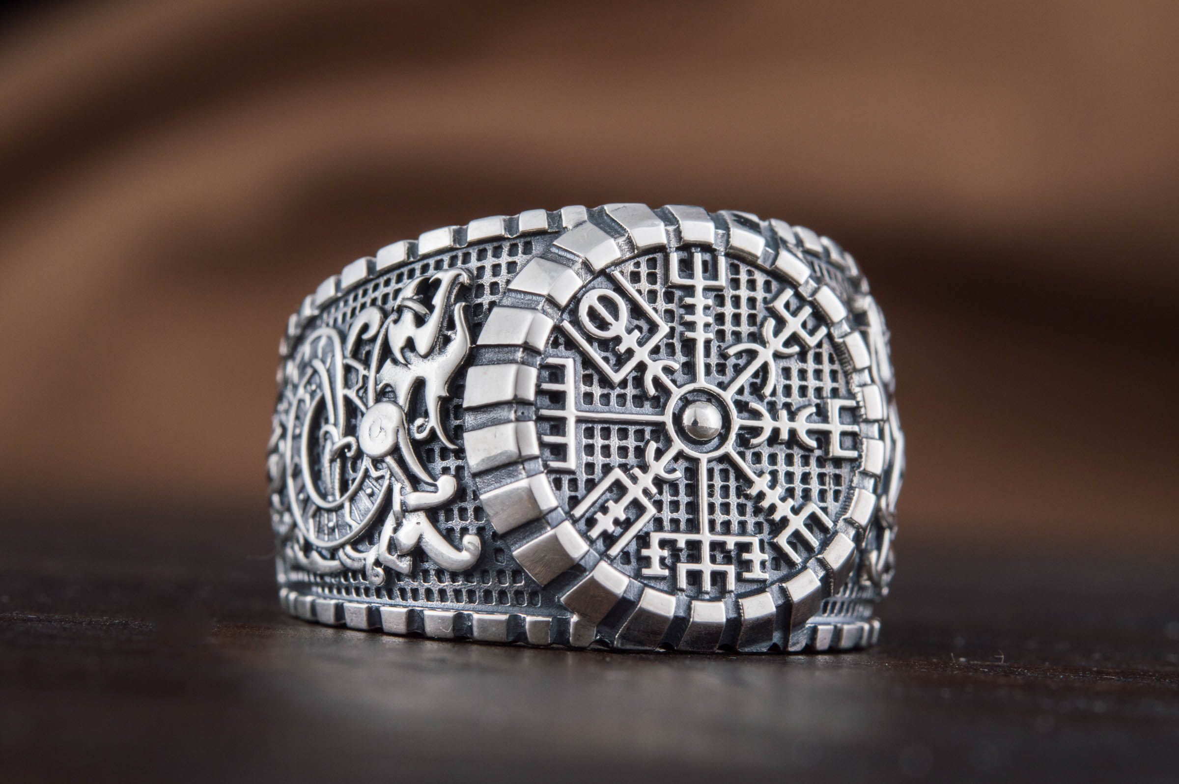 Vegvisir Symbol Ring with Viking Style Ornament Sterling Silver Jewelry - vikingworkshop