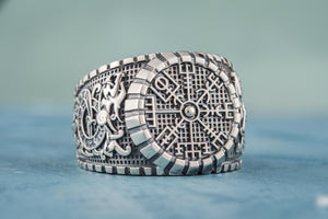 Vegvisir Symbol Ring with Viking Style Ornament Sterling Silver Jewelry - vikingworkshop