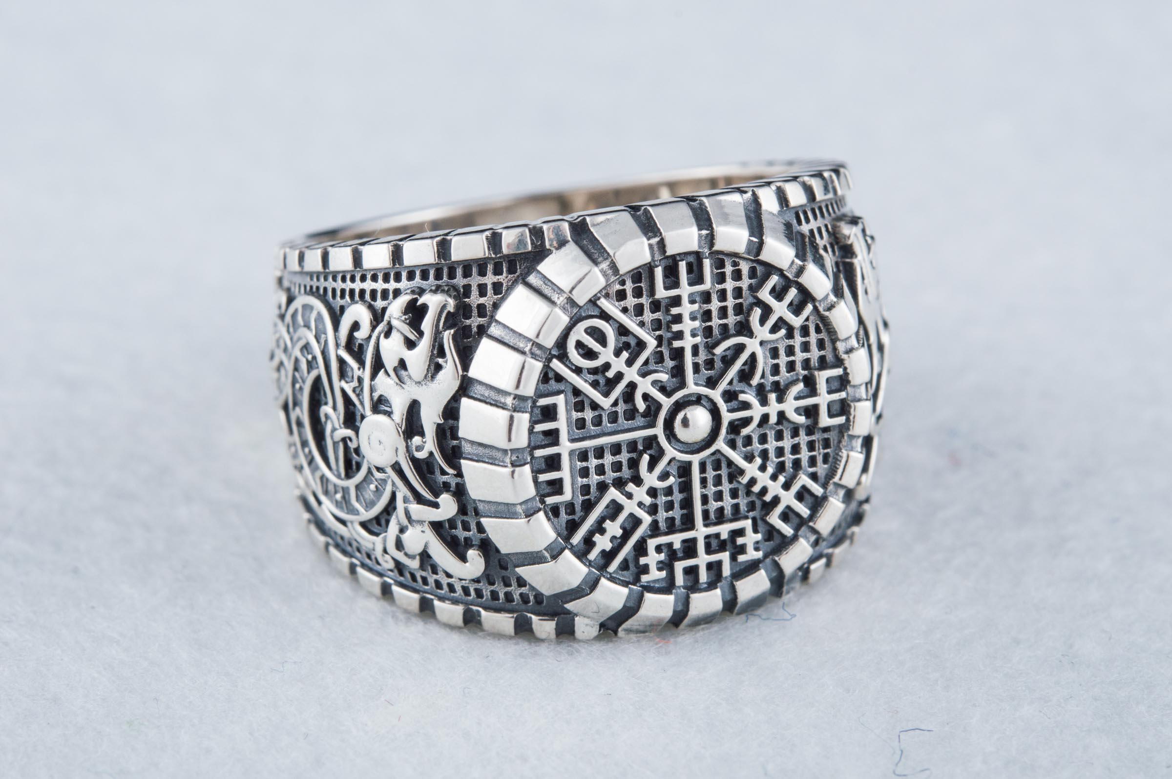 Vegvisir Symbol Ring with Viking Style Ornament Sterling Silver Jewelry - vikingworkshop