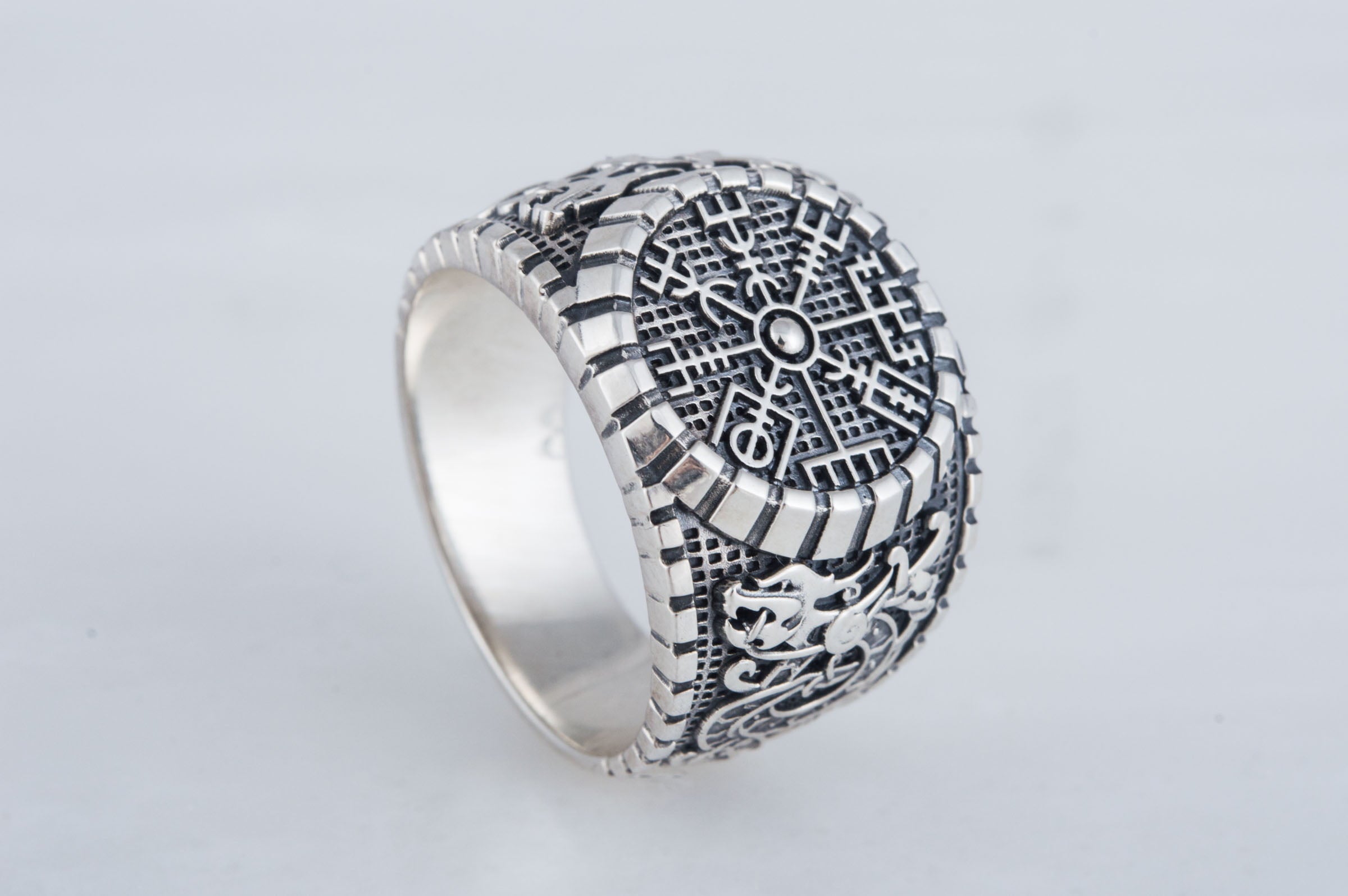 Vegvisir Symbol Ring with Viking Style Ornament Sterling Silver Jewelry - vikingworkshop