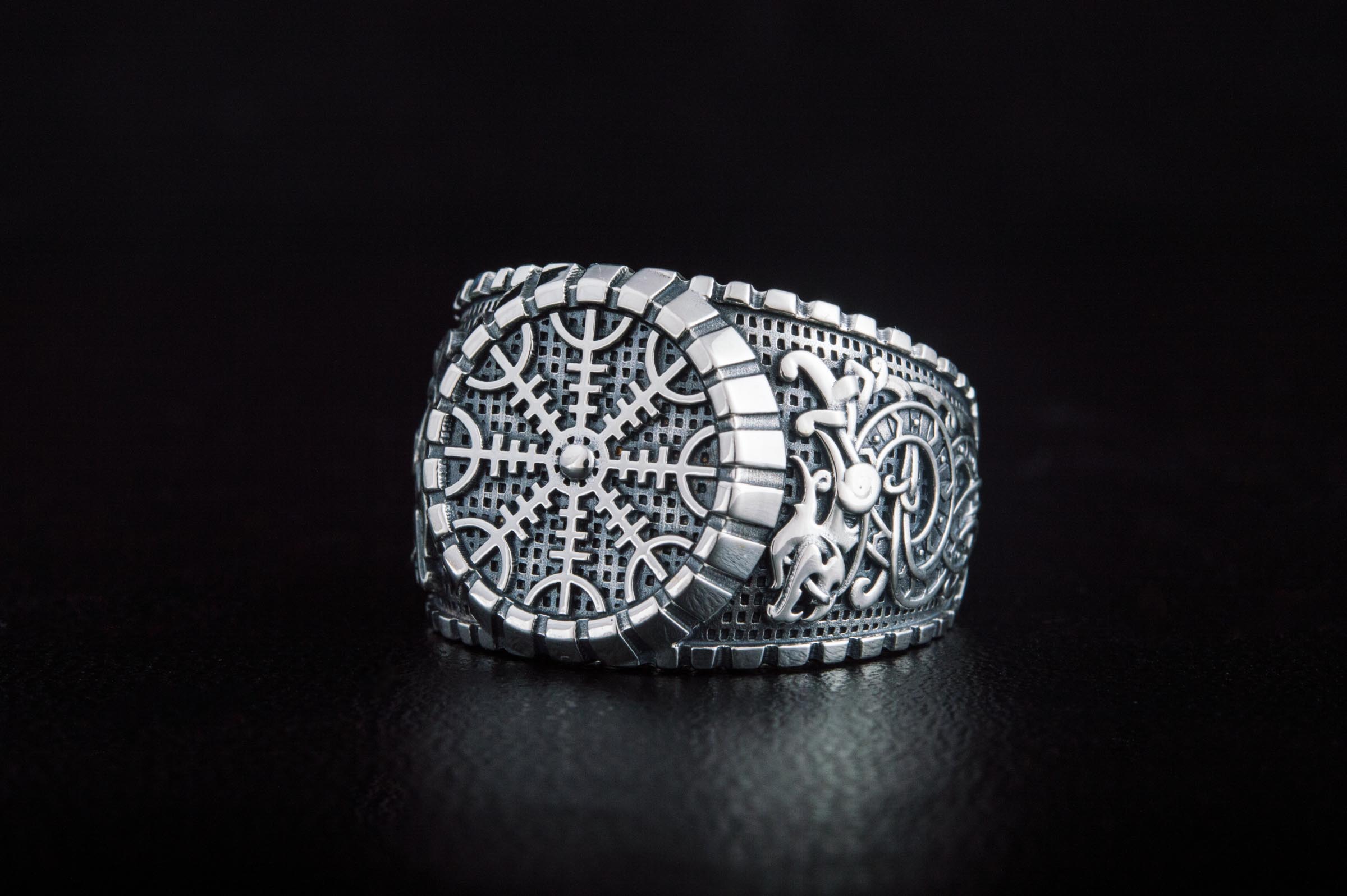 Helm of Awe Symbol Ring with Viking Style Ornament Sterling Silver Jewelry - vikingworkshop