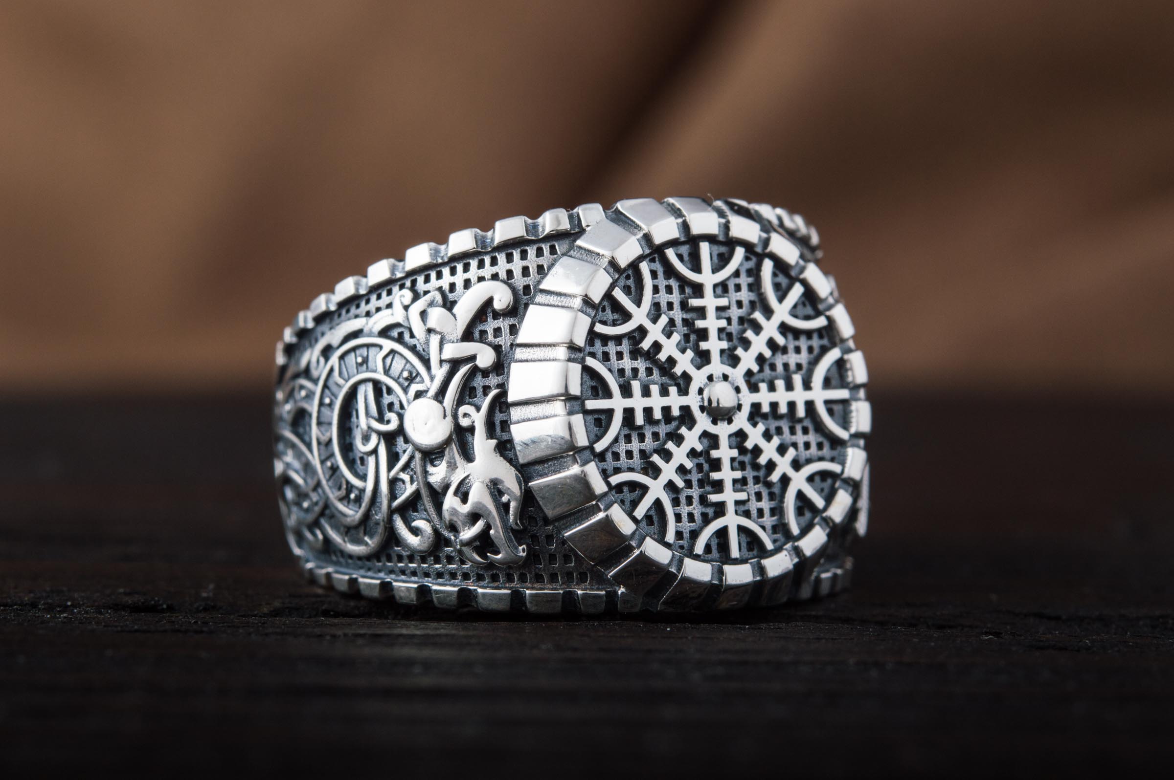 Helm of Awe Symbol Ring with Viking Style Ornament Sterling Silver Jewelry - vikingworkshop
