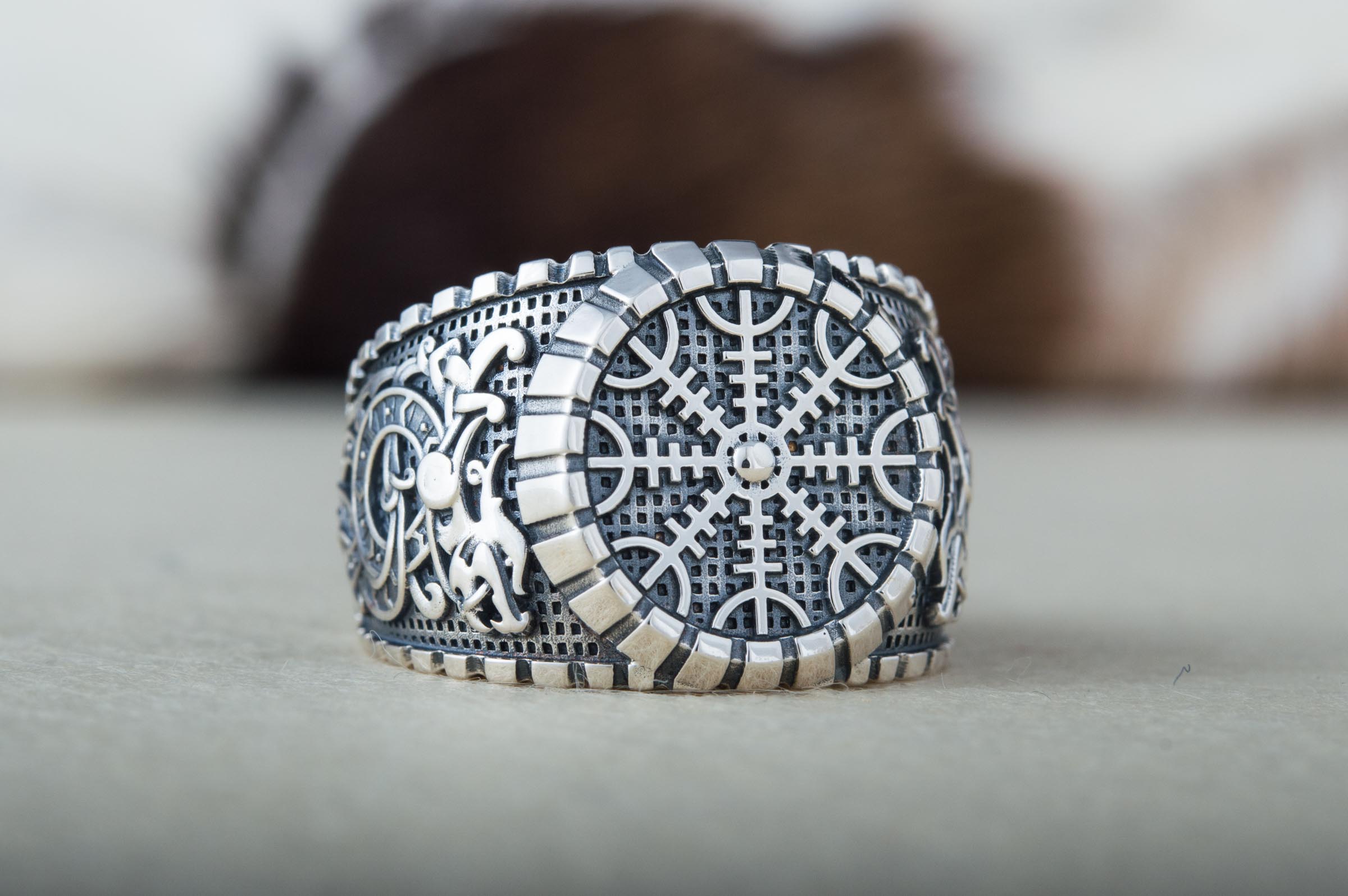 Helm of Awe Symbol Ring with Viking Style Ornament Sterling Silver Jewelry - vikingworkshop