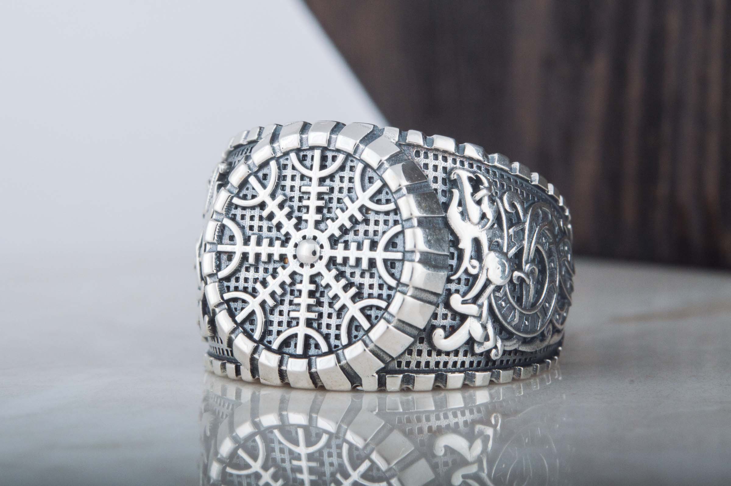 Helm of Awe Symbol Ring with Viking Style Ornament Sterling Silver Jewelry - vikingworkshop