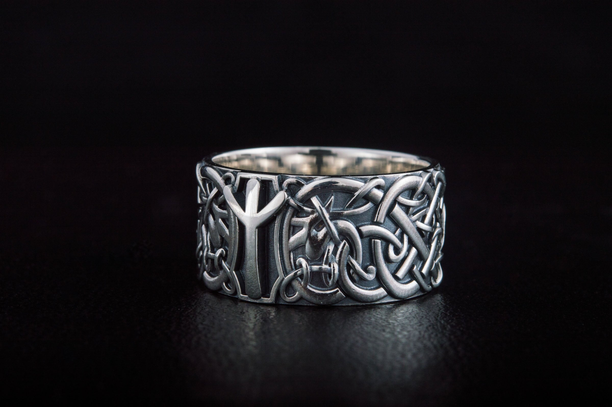 Norse Ornament Ring with Algiz Rune Sterling Silver Jewelry - vikingworkshop