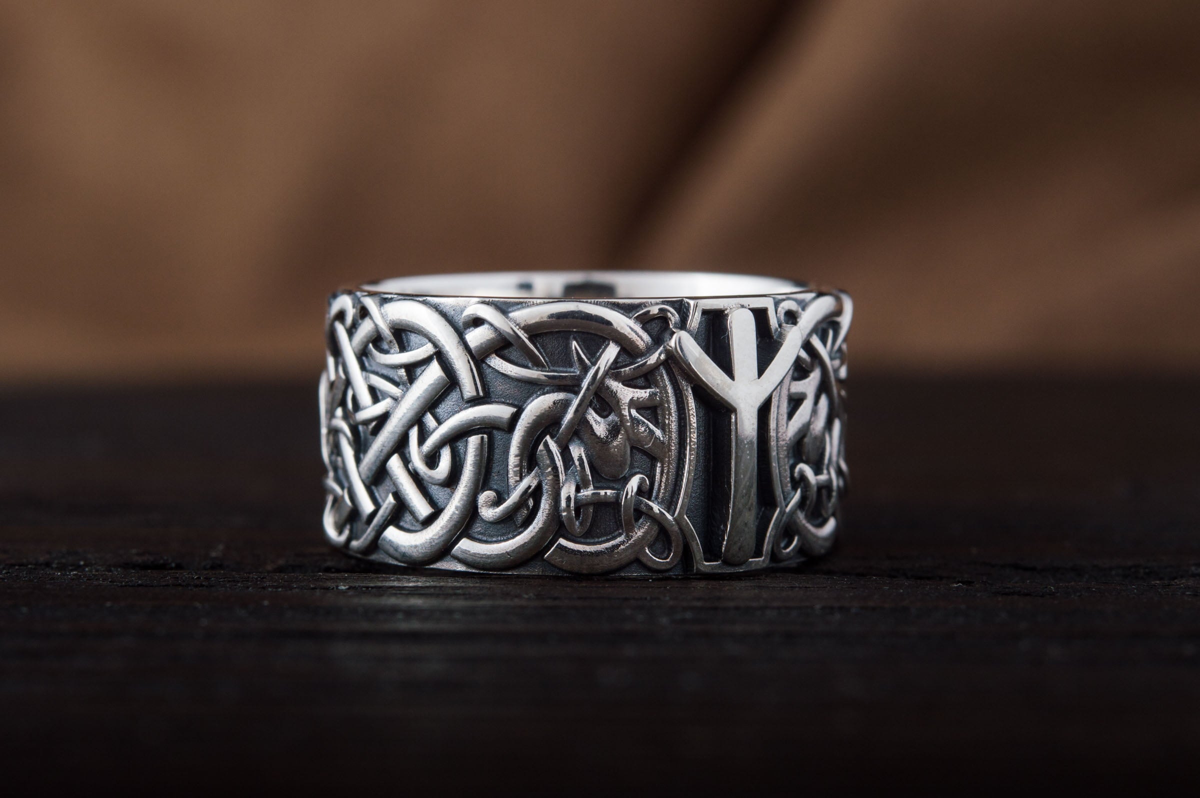 Norse Ornament Ring with Algiz Rune Sterling Silver Jewelry - vikingworkshop