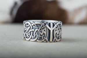 Norse Ornament Ring with Algiz Rune Sterling Silver Jewelry - vikingworkshop