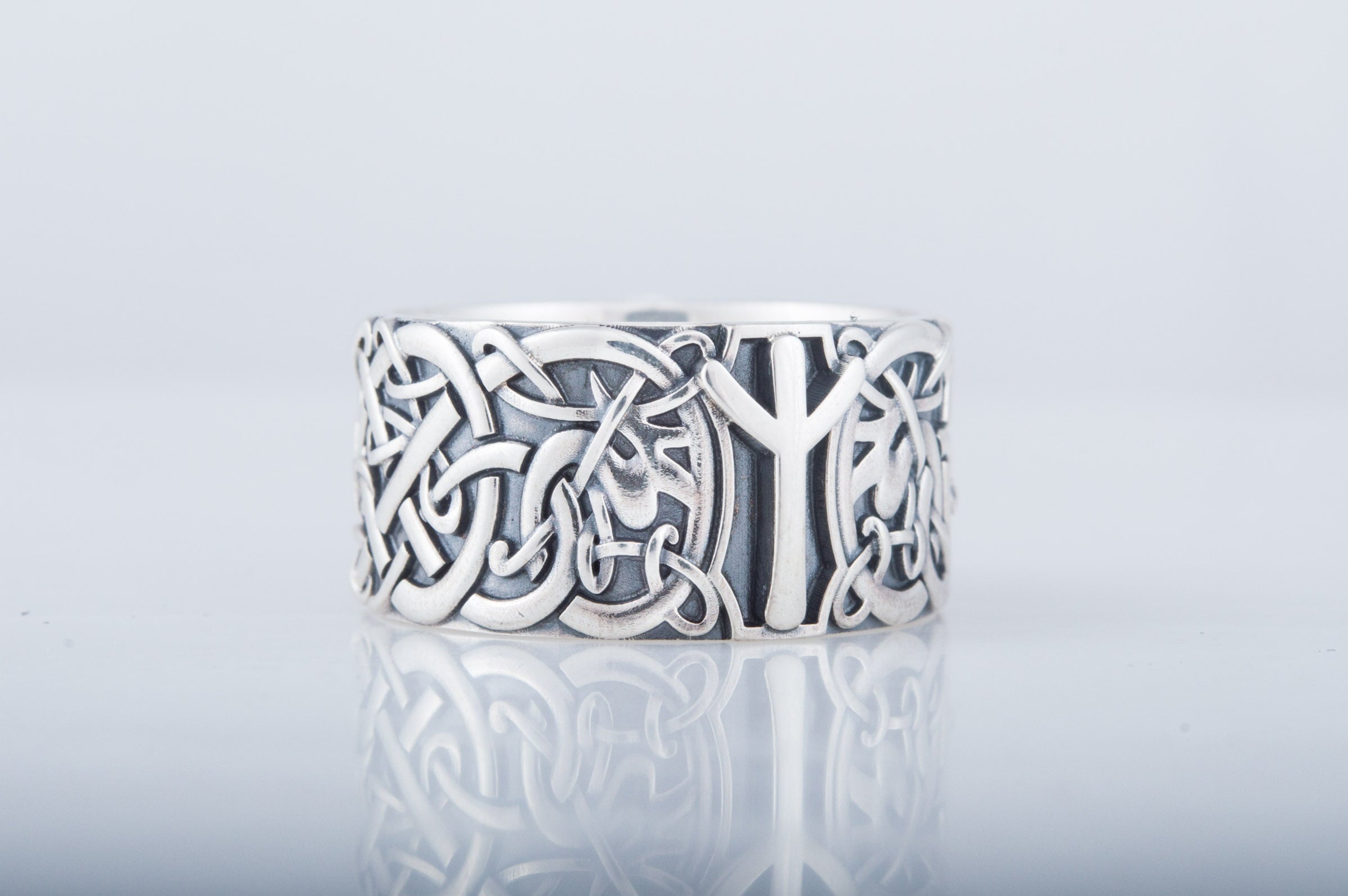 Norse Ornament Ring with Algiz Rune Sterling Silver Jewelry - vikingworkshop