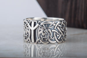 Norse Ornament Ring with Algiz Rune Sterling Silver Jewelry - vikingworkshop