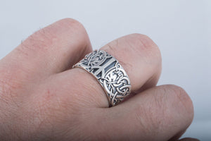 Norse Ornament Ring with Algiz Rune Sterling Silver Jewelry - vikingworkshop