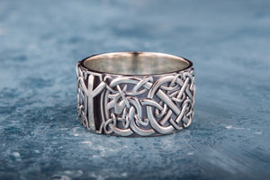 Norse Ornament Ring with Algiz Rune Sterling Silver Jewelry - vikingworkshop