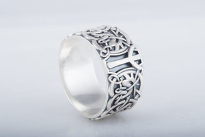 Norse Ornament Ring with Algiz Rune Sterling Silver Jewelry - vikingworkshop