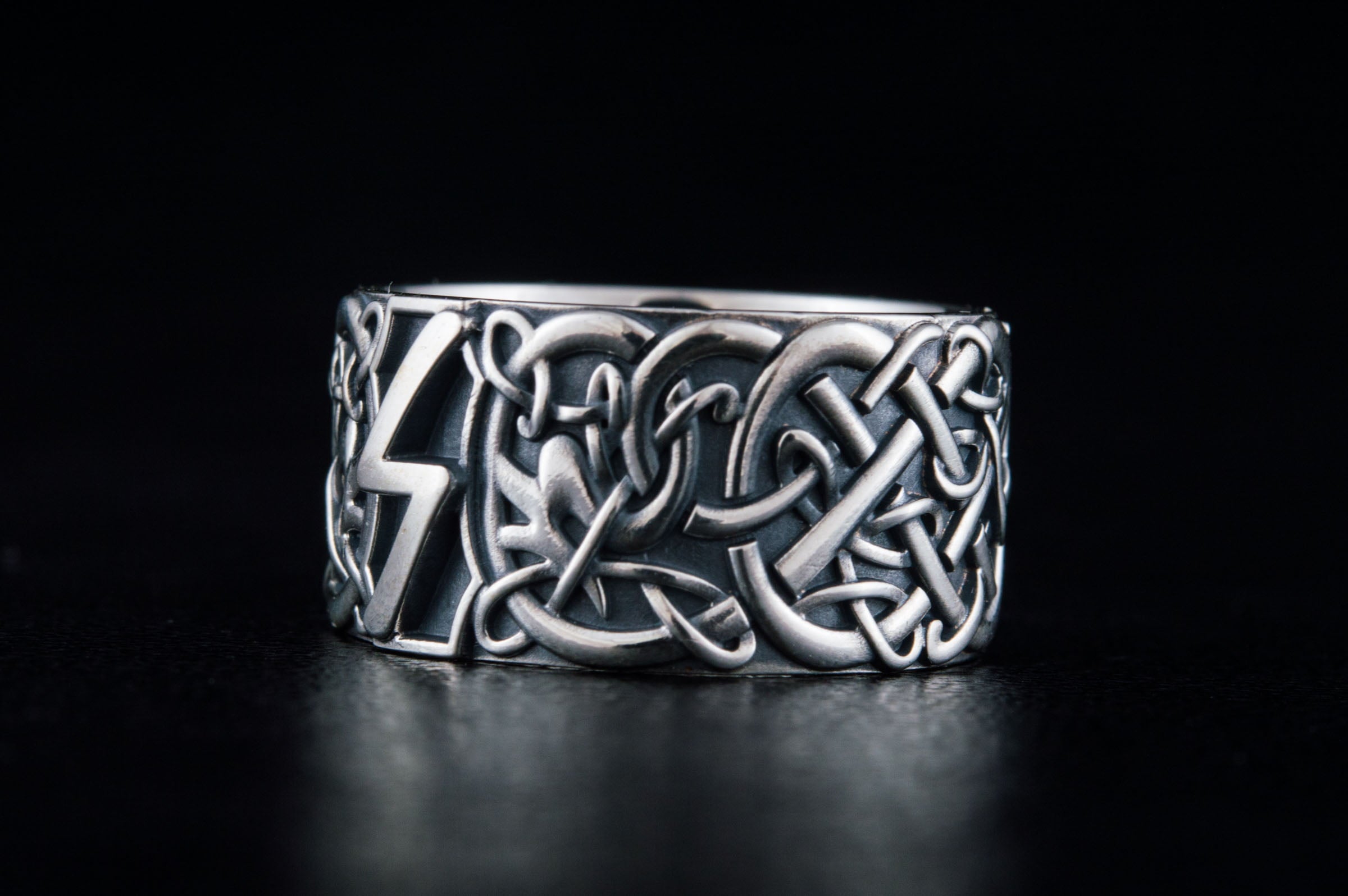 Ring with Sowelu Rune and Scandinavian Ornament Sterling Silver Viking Jewelry - vikingworkshop