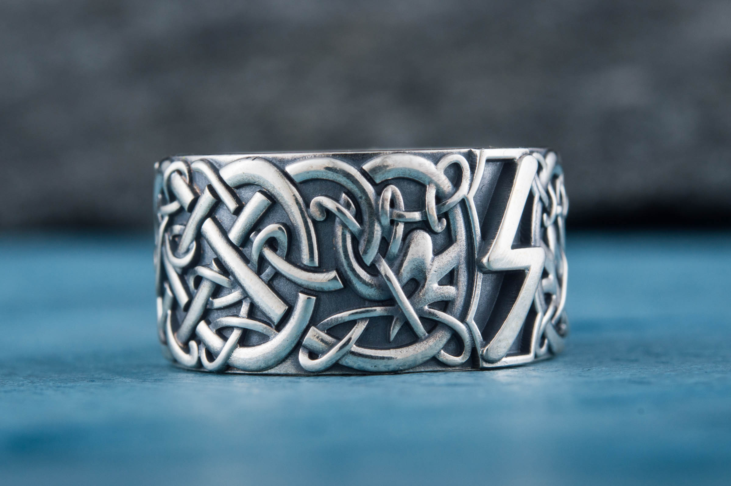 Ring with Sowelu Rune and Scandinavian Ornament Sterling Silver Viking Jewelry - vikingworkshop