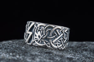 Ring with Sowelu Rune and Scandinavian Ornament Sterling Silver Viking Jewelry - vikingworkshop