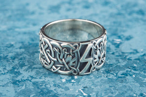 Ring with Sowelu Rune and Scandinavian Ornament Sterling Silver Viking Jewelry - vikingworkshop