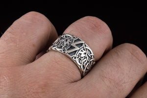 Ring with Sowelu Rune and Scandinavian Ornament Sterling Silver Viking Jewelry - vikingworkshop