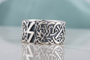 Ring with Sowelu Rune and Scandinavian Ornament Sterling Silver Viking Jewelry - vikingworkshop