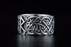 Ring with Raido Rune and Scandinavian Ornament Sterling Silver Viking Jewelry - vikingworkshop