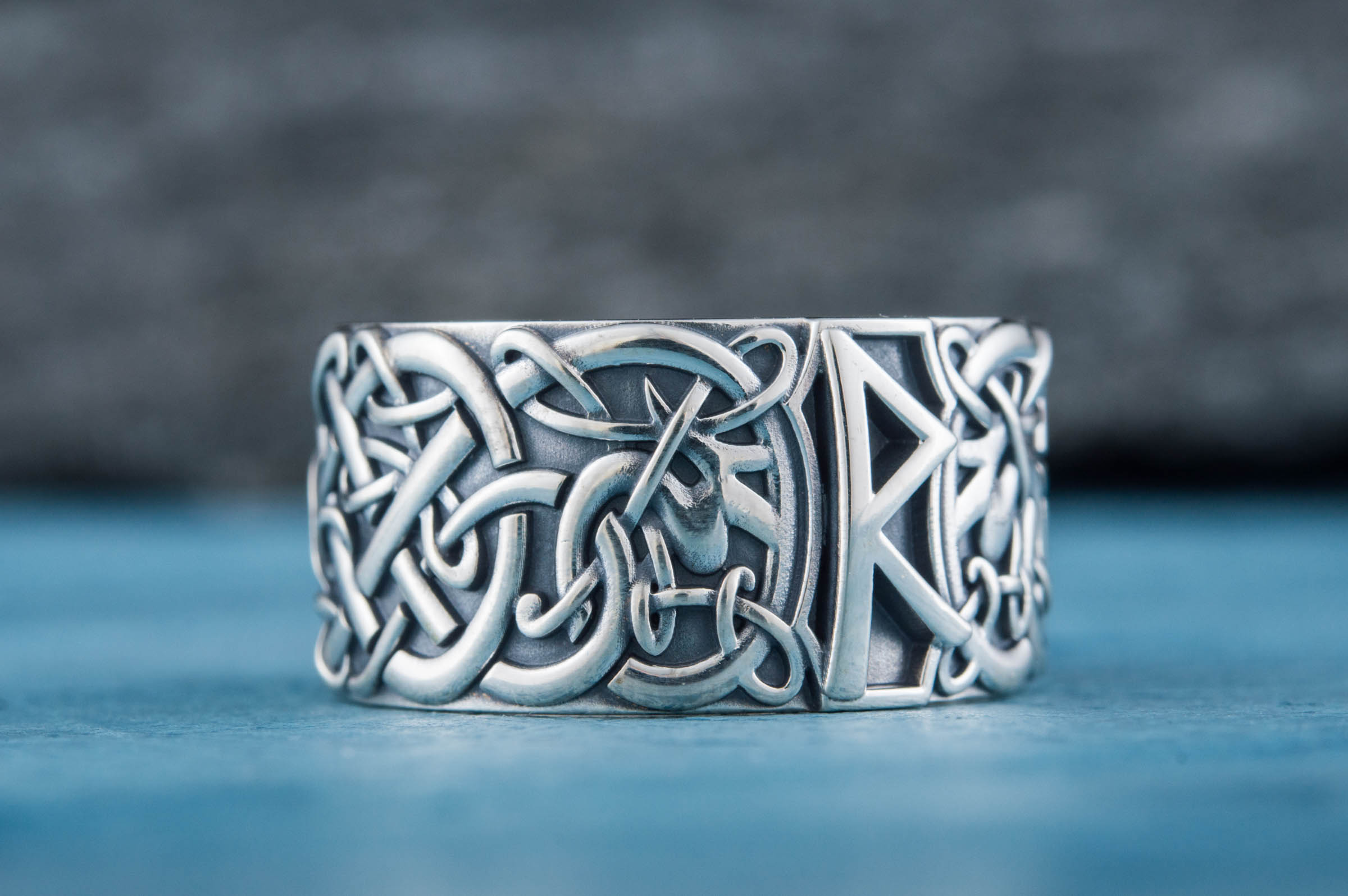 Ring with Raido Rune and Scandinavian Ornament Sterling Silver Viking Jewelry - vikingworkshop