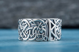 Ring with Raido Rune and Scandinavian Ornament Sterling Silver Viking Jewelry - vikingworkshop