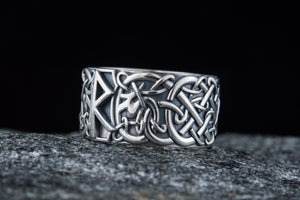 Ring with Raido Rune and Scandinavian Ornament Sterling Silver Viking Jewelry - vikingworkshop