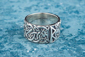 Ring with Raido Rune and Scandinavian Ornament Sterling Silver Viking Jewelry - vikingworkshop