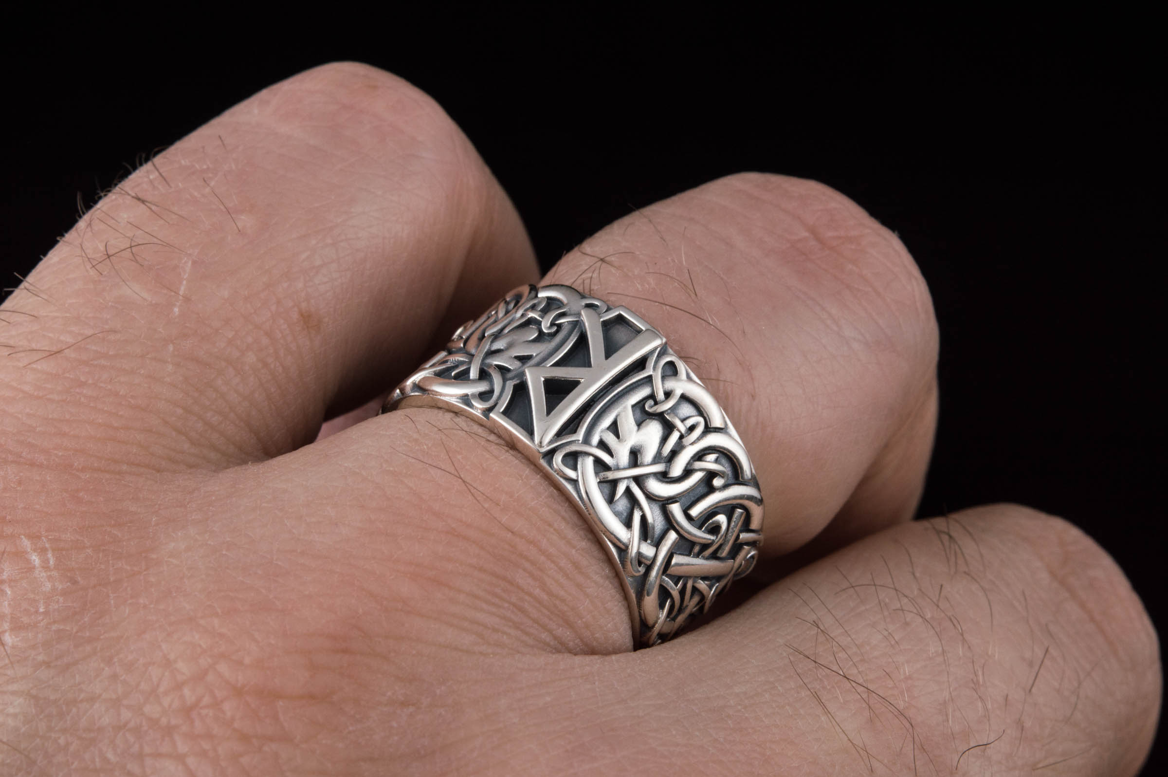 Ring with Raido Rune and Scandinavian Ornament Sterling Silver Viking Jewelry - vikingworkshop