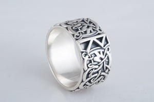 Ring with Raido Rune and Scandinavian Ornament Sterling Silver Viking Jewelry - vikingworkshop