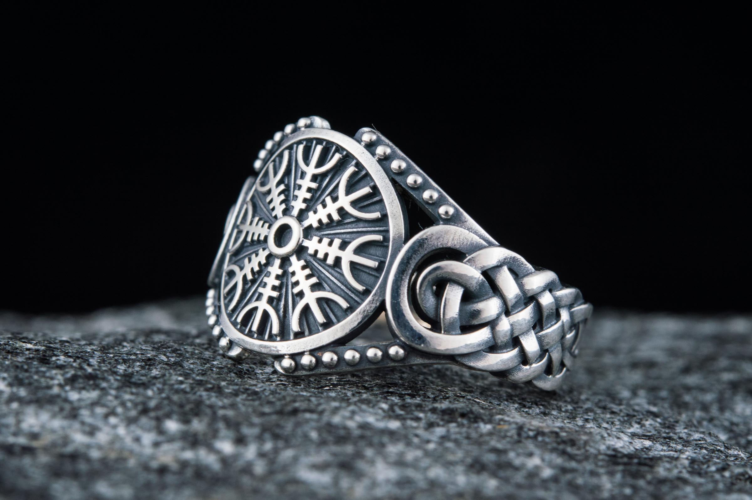 Helm of Awe Symbol with Viking Ornament Sterling Silver Handmade Jewelry - vikingworkshop