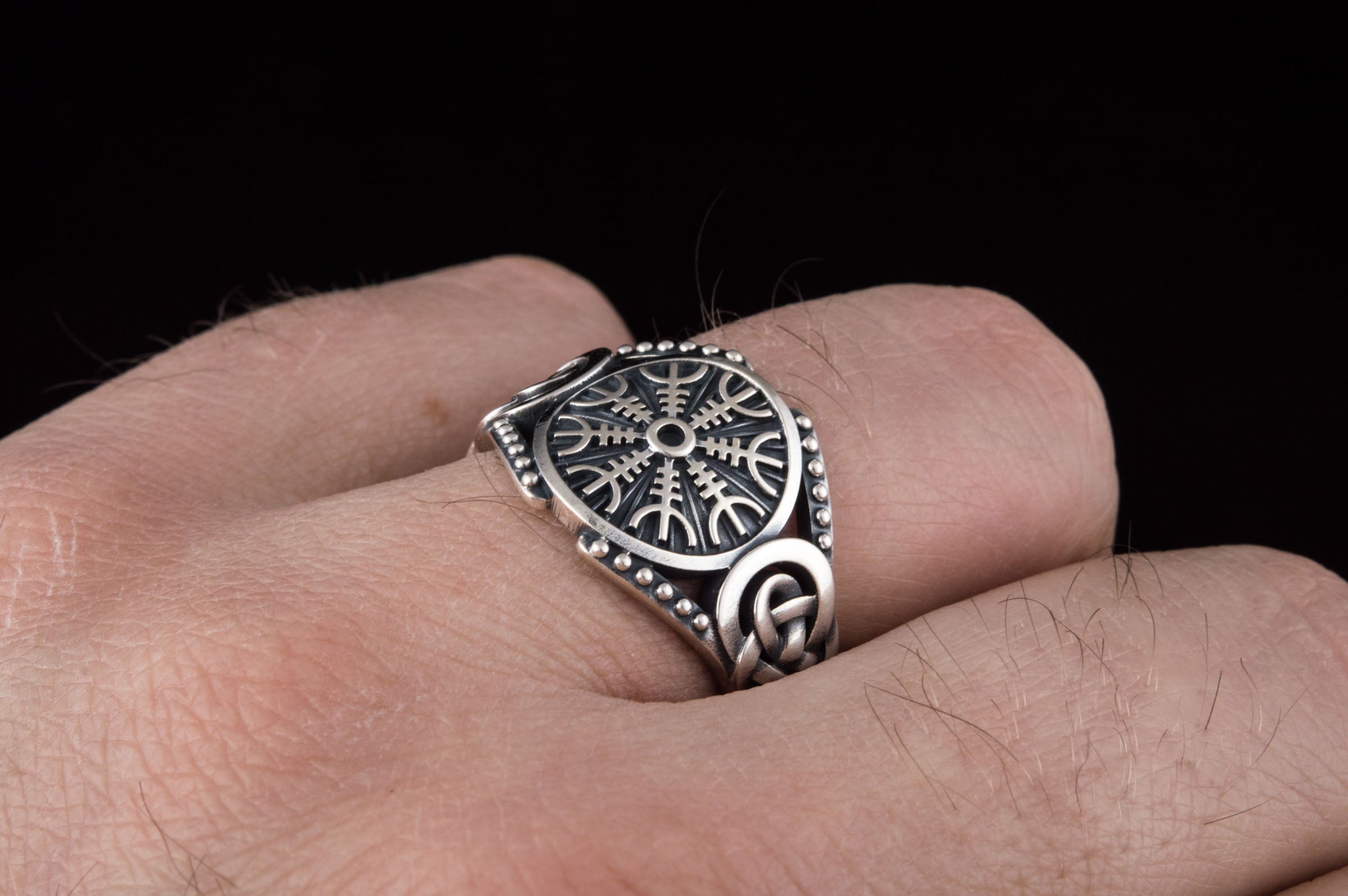 Helm of Awe Symbol with Viking Ornament Sterling Silver Handmade Jewelry - vikingworkshop