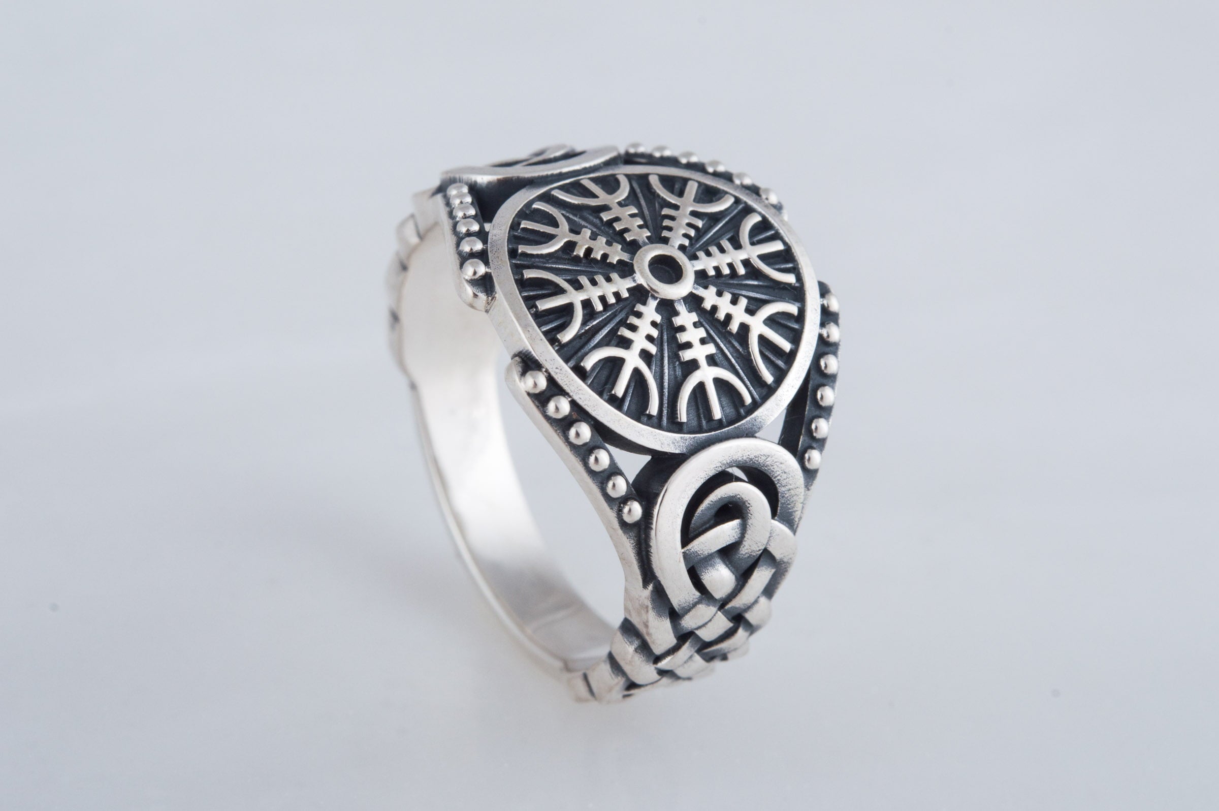 Helm of Awe Symbol with Viking Ornament Sterling Silver Handmade Jewelry - vikingworkshop