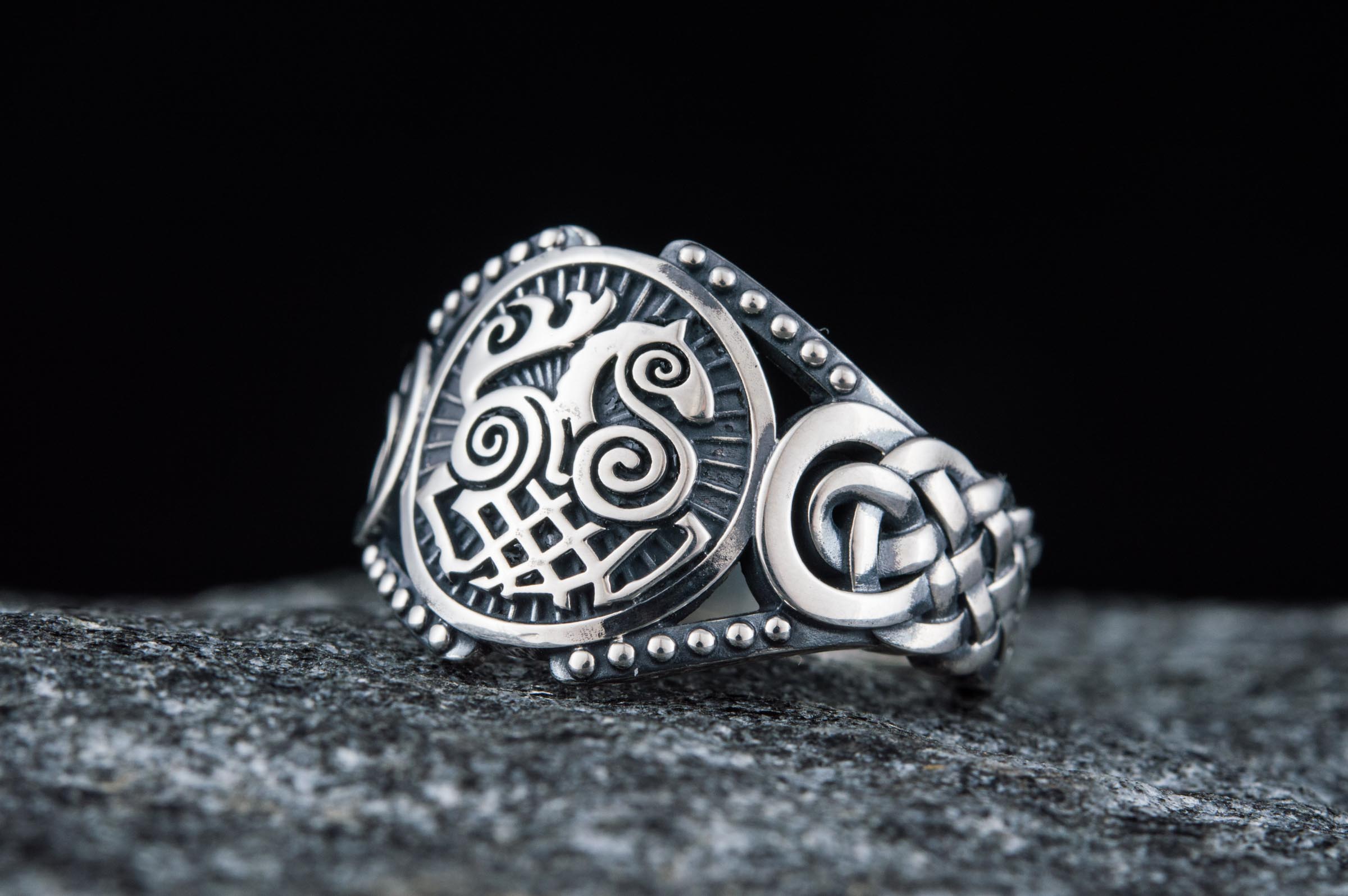 Sleipnir Symbol with Viking Ornament Sterling Silver Handmade Jewelry - vikingworkshop