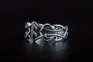 Ring with Ansuz Rune and Norse Ornament Sterling Silver Viking Jewelry - vikingworkshop