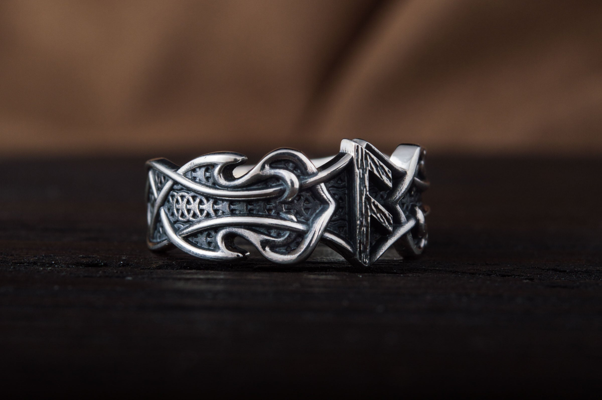 Ring with Ansuz Rune and Norse Ornament Sterling Silver Viking Jewelry - vikingworkshop